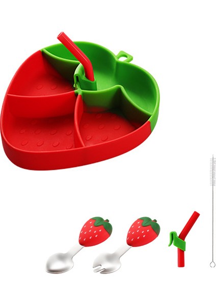 Vakumlu Silikon Mama Tabağı, Silikon Saplı Çelik Uçlu Çatal ve Kaşık ( Çilek Figürlü ) fırsatları