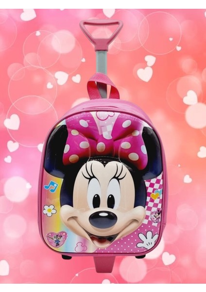 Kız Çocuk Minnie Baskılı Çekçekli Anaokulu Kreş Okul Çantası Sırt Çantası