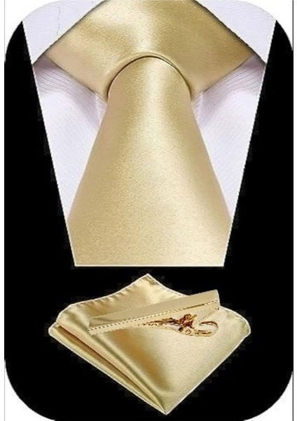 Erkek Saten Kravat Mendil ve Gold Çelik Kravat Iğne Set