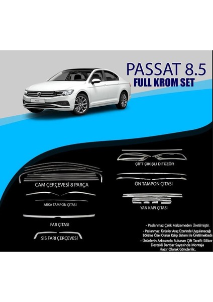 Vw Passat B8.5 Krom Set (Cam Çerç.-Yan Kapı Çıt.-Difüzör Çıta-Ön Tampon Çıta.-Arka Tampon Çıt.-Far Çıtası.- Sisfarı Çıtası)