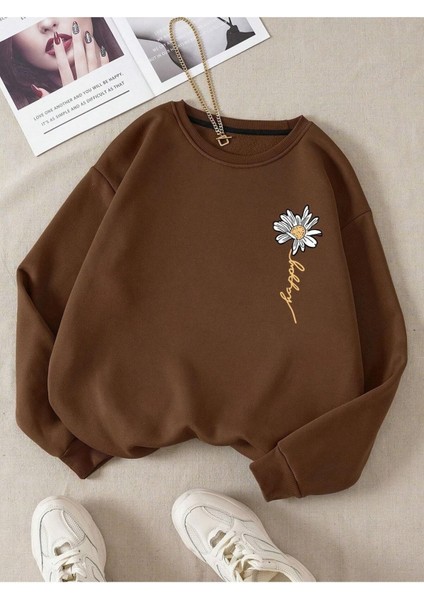 Kadın Kahverengi Papatya Baskılı Bisiklet Yaka Sweatshirt