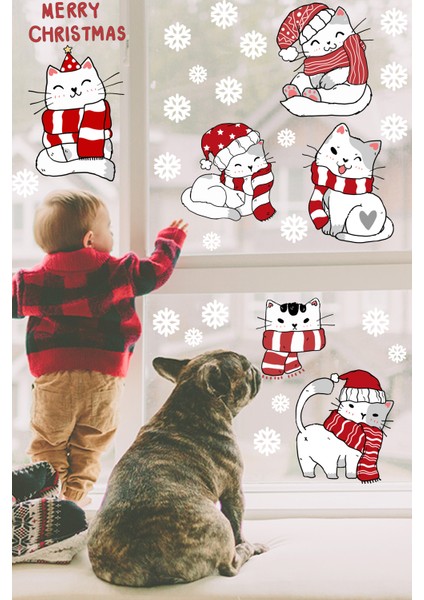 Sevimli Noel Kedileri ve Kar Taneleri Yılbaşı Pencere Duvar Sticker Seti