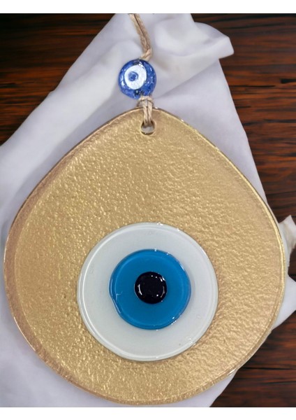 Mavi Nazar Boncuklu Gold Renk Nazar Boncuklu Damla Desen El Yapımı Duvar Süsü