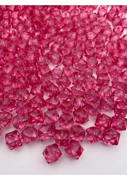100GR 10MM Fuşya / Koyu Pembe Renk Küp, Kübik Model Akrilik Boncuk,çanta Boncuğu (100GR,~180 Adet)
