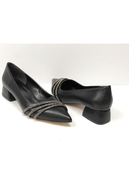 Klasik Üç Şerit Taşlı 3 cm Kısa Kalın Topuklu Babet Kadın Ayakkabı fiyatları