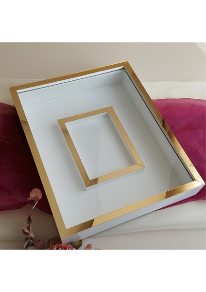 Yarı Gold Beyaz 40X50 cm Fotoğraf Bölümlü Yarı Gold Isimsiz Ledsiz Gül Saklama Kutusu! Anı Çerçevesi!