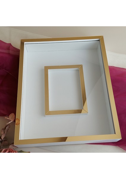 Yarı Gold Beyaz 40X50 cm Fotoğraf Bölümlü Isimsiz Ledli Gül Saklama Kutusu! Anı Çerçevesi!