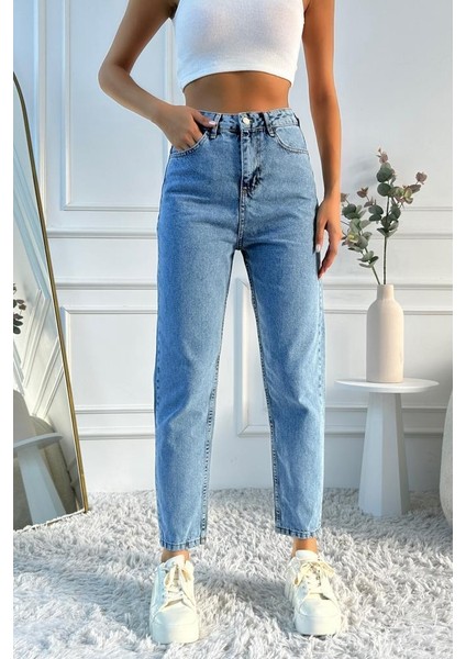 Kadın Yüksek Bel Mom Fit Mavi Jean Pantolon