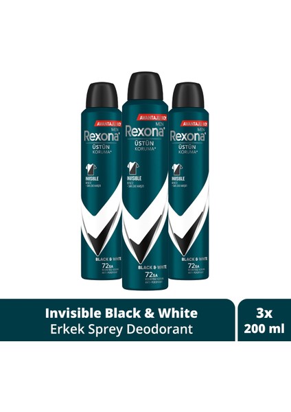 Men Erkek Sprey Deodorant Invisible Black & White 72 Saat Kesintisiz Üstün Koruma 200 Mlx3