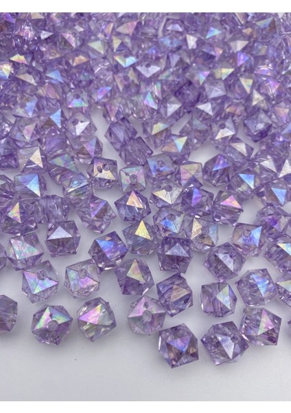 100GR 10MM Janjanlı Lila / Açık Mor Küp,kübik Model Akrilik Boncuk,çanta Boncuğu (100GR,~180 Adet)