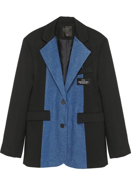 Denim Detaylı Blazer Ceket Siyah