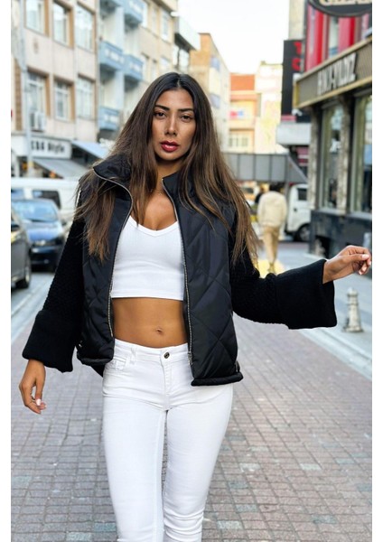 Kadın Siyah Dik Yaka Kolları Triko Cepleri Fermuarlı Şişme Mont