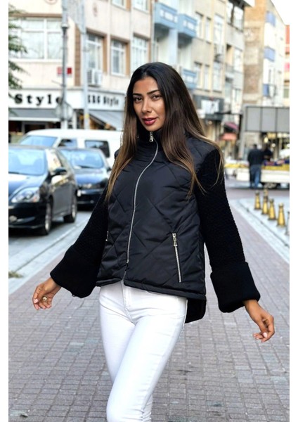 Kadın Siyah Dik Yaka Kolları Triko Cepleri Fermuarlı Şişme Mont fiyatları