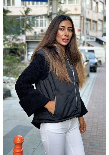 Kadın Siyah Dik Yaka Kolları Triko Cepleri Fermuarlı Şişme Mont modelleri