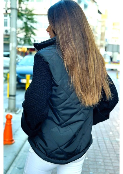 Kadın Siyah Dik Yaka Kolları Triko Cepleri Fermuarlı Şişme Mont indirimleri