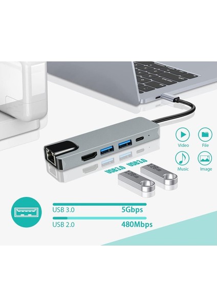 HC-13M Macbook Android Uyumlu Type-C To 3*usb 3.0 4K HDMI  Ethernet RJ45 Çevirici Hub Adaptör