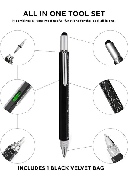 Mühendis Kalemi Su Terazili Cetvelli Tornavidalı Touchpen Siyah