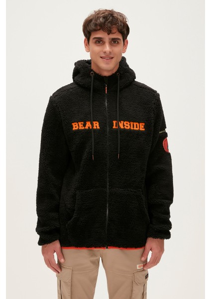 Shaggy Plush Full-Zip Siyah Peluş Erkek Kapüşonlu Sweatshirt