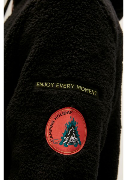 Shaggy Plush Full-Zip Siyah Peluş Erkek Kapüşonlu Sweatshirt modelleri