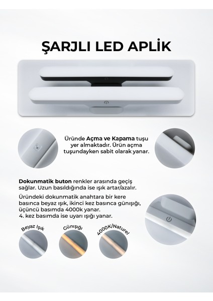 Hero Led 3W Şarjlı Mıknatıslı Dokunmatik LED Aplik Kablosuz Led Lamba Şarjlı Aplik