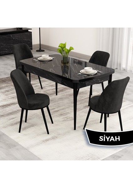Nix Serisi Açılabilir 70X114 Siyah Mermer Desen Mutfak Masası Takımı ve 4 Sandalye
