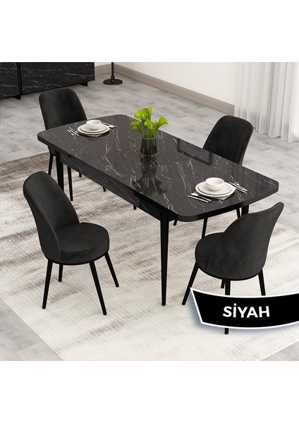 Nix Serisi Açılabilir 70X114 Siyah Mermer Desen Mutfak Masası Takımı ve 4 Sandalye fiyatları