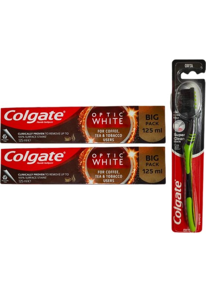 Optic White Kahve, Çay Ve Tütün Kullanıcıları Için Süper Clean Black Orta Diş Fırçası + Macun 125 Ml