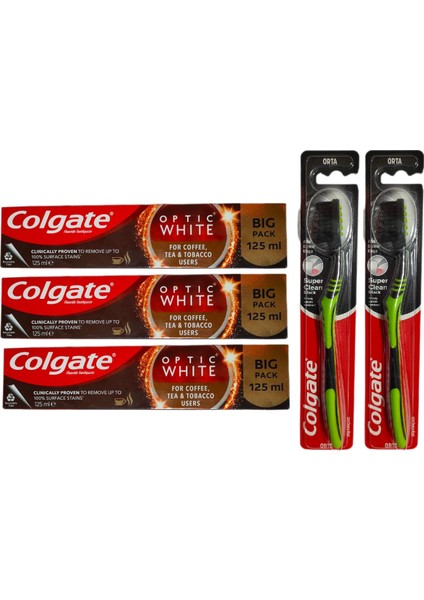 Optic White Kahve, Çay ve Tütün Kullanıcıları İçin Süper Clean Black Orta Diş Fırçası + Macun 125 ml