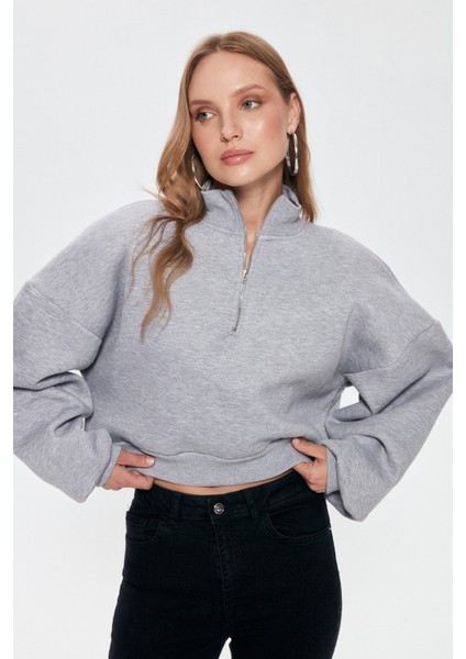 Fermuar Detaylı Crop Sweatshirt Grimelanj