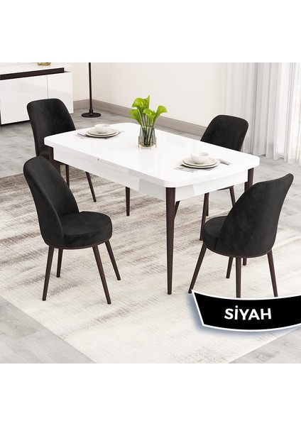 Nix Serisi Açılabilir 70X114 Beyaz Masa Ceviz Ayak Mutfak Masası Takımı ve 4 Sandalye
