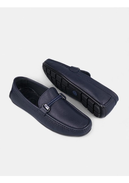 Hakiki Deri Lacivert Erkek Kemer Detaylı Loafer Ayakkabı