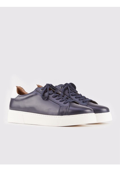 Hakiki Deri Lacivert Bağcıklı Yanları Dikiş Detaylı Erkek Spor Ayakkabı fiyatları