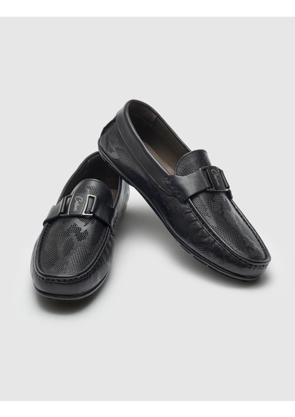 Kamuflaj Motifli Hakiki Deri Siyah Erkek Loafer indirimleri