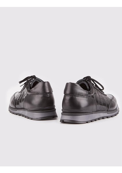 Hakiki Deri Siyah Bağcıklı Özel Motifli Baskılı Erkek Spor Ayakkabı