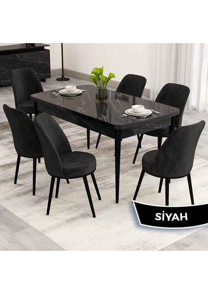 Nix Serisi Açılabilir 70X114 Siyah Mermer Desen Mutfak Masası Takımı ve 6 Sandalye