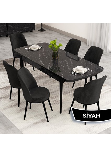 Nix Serisi Açılabilir 70X114 Siyah Mermer Desen Mutfak Masası Takımı ve 6 Sandalye fiyatları