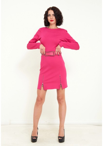 Kadın Mini Boy Kemerli Uzun Kol Elbise