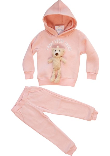 Peluş Ayılı Kız Çocuk Pudra Pembe 3 Iplik Dar Kalıp Sweat Takım