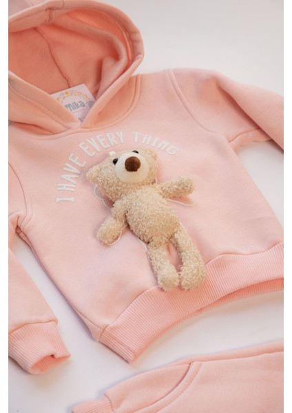 Peluş Ayılı Kız Çocuk Pudra Pembe 3 Iplik Dar Kalıp Sweat Takım fiyatları