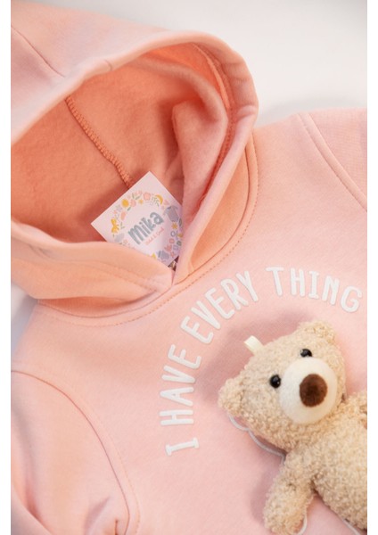 Peluş Ayılı Kız Çocuk Pudra Pembe 3 Iplik Dar Kalıp Sweat Takım modelleri