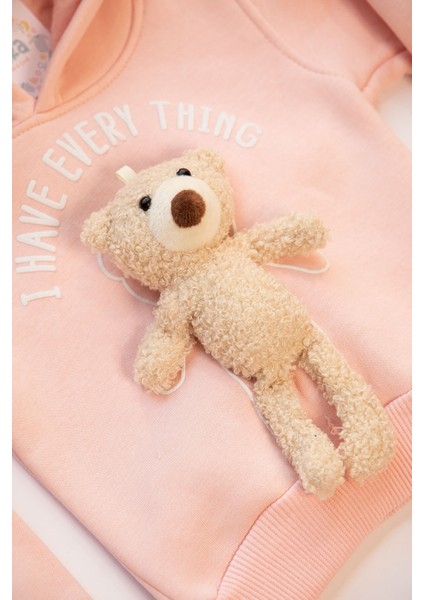 Peluş Ayılı Kız Çocuk Pudra Pembe 3 Iplik Dar Kalıp Sweat Takım fırsatları