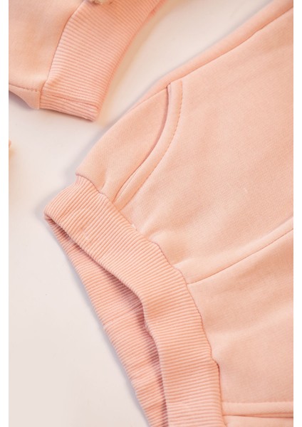 Peluş Ayılı Kız Çocuk Pudra Pembe 3 Iplik Dar Kalıp Sweat Takım indirimleri