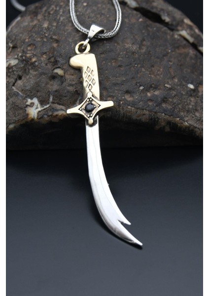 Gümüş Zülfikar Kılıç Figürlü 925 Ayar Erkek Gümüş Kolye Zincir