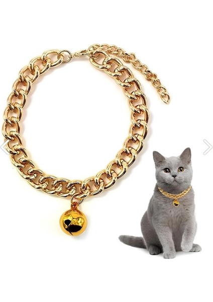 Ayarlanabilir Zincir Alüminyum Zilli Gold Lüx Kedi ve Küçük Irk Köpek Kolye Tasması