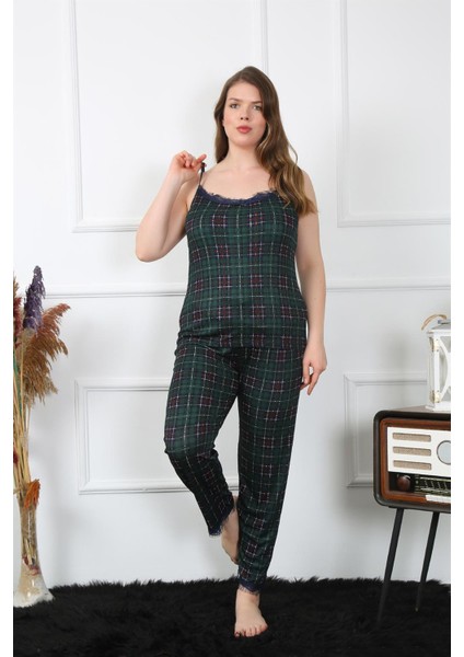 Kadın Büyük Beden Yeşil Ekoseli Ip Askılı Pijama Takım 202197
