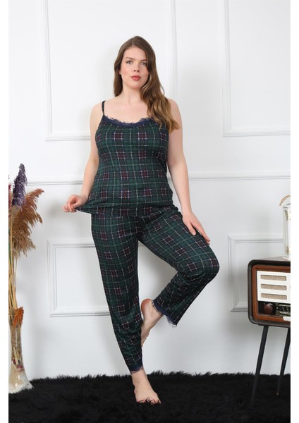 Kadın Büyük Beden Yeşil Ekoseli Ip Askılı Pijama Takım 202197 modelleri