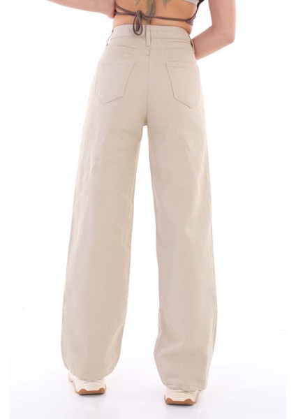 Kadın Bej Geniş Paça Palazzo Yüksek Bel Pantolon modelleri