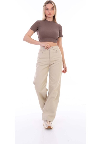 Kadın Bej Geniş Paça Palazzo Yüksek Bel Pantolon indirimleri