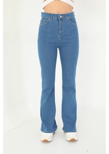 Kadın Mavi Yüksek Bel Esnek Ispanyol Paça Jeans fiyatları
