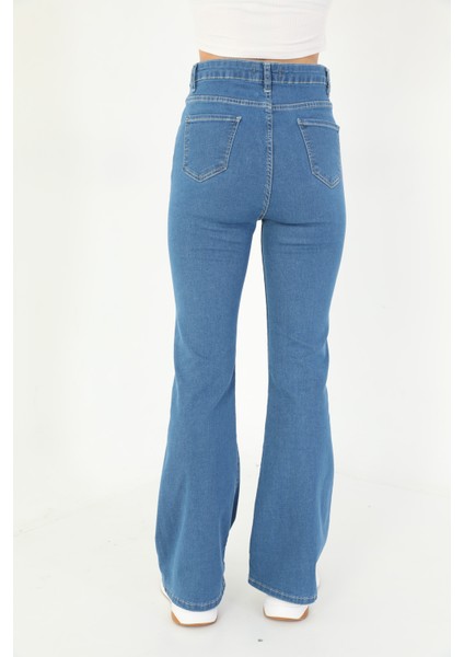 Kadın Mavi Yüksek Bel Esnek Ispanyol Paça Jeans modelleri